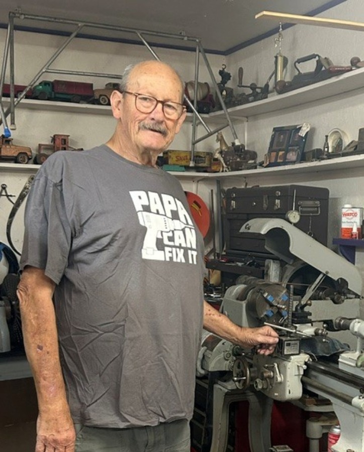 Forrest V. works in his shop, doing small repairs and creating metal and woodworking projects.